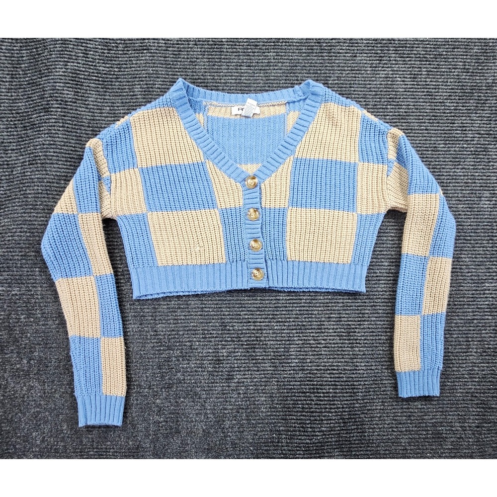 RSQ Cropped Cardigan Sweater Womens XS Blue Beige Checkerboard Chunky Knit